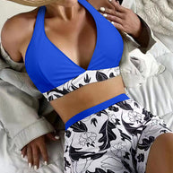 WW | Damen Hohe Taille Boxer Bindung Bedruckt Einfarbiges Panel Bikini