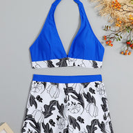 WW | Damen Hohe Taille Boxer Bindung Bedruckt Einfarbiges Panel Bikini