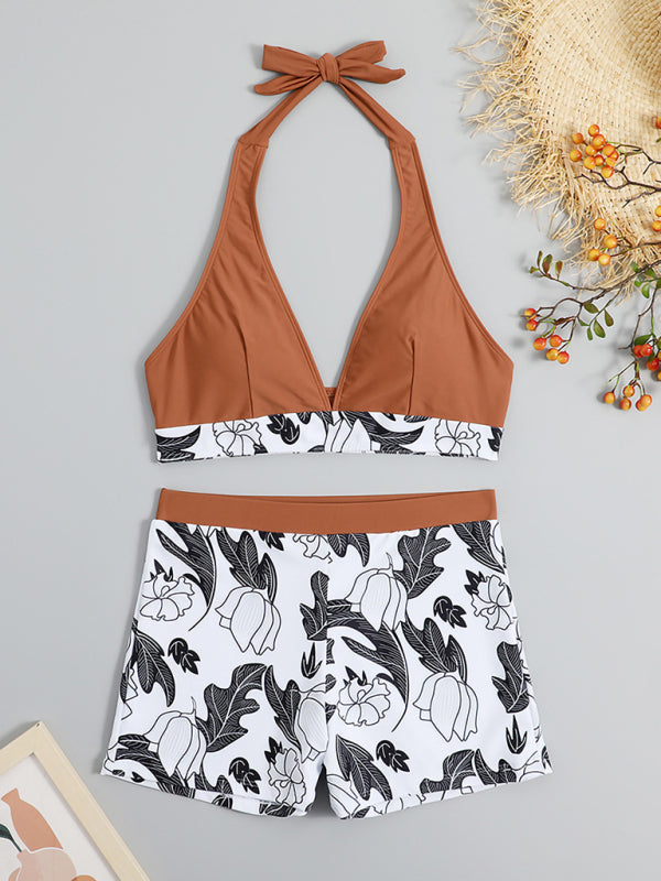 WW | Damen Hohe Taille Boxer Bindung Bedruckt Einfarbiges Panel Bikini