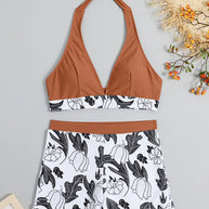 WW | Damen Hohe Taille Boxer Bindung Bedruckt Einfarbiges Panel Bikini