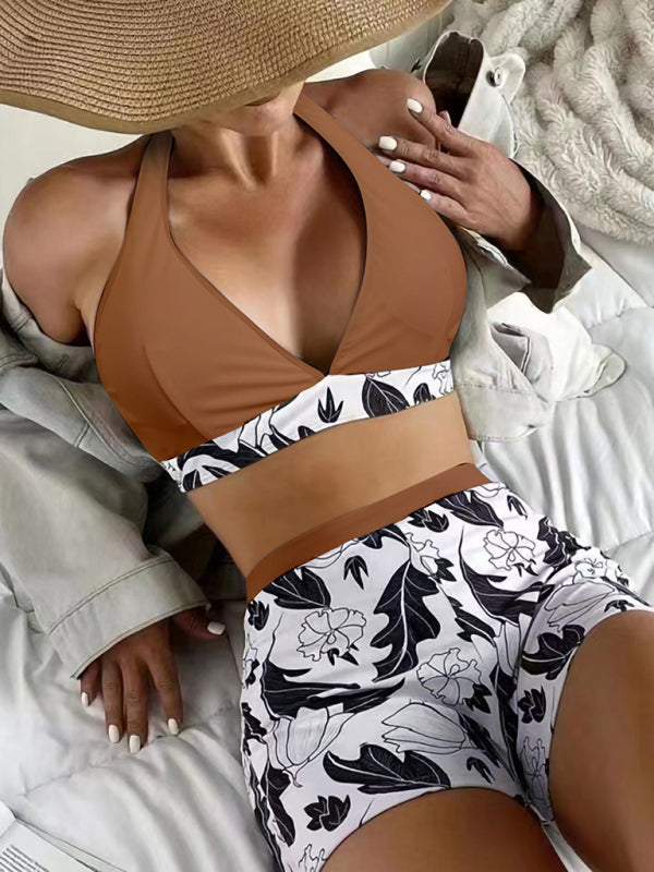 WW | Damen Hohe Taille Boxer Bindung Bedruckt Einfarbiges Panel Bikini