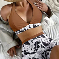 WW | Damen Hohe Taille Boxer Bindung Bedruckt Einfarbiges Panel Bikini