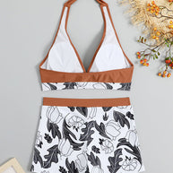 WW | Damen Hohe Taille Boxer Bindung Bedruckt Einfarbiges Panel Bikini
