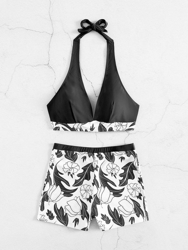 WW | Damen Hohe Taille Boxer Bindung Bedruckt Einfarbiges Panel Bikini