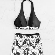 WW | Damen Hohe Taille Boxer Bindung Bedruckt Einfarbiges Panel Bikini