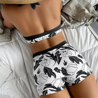WW | Damen Hohe Taille Boxer Bindung Bedruckt Einfarbiges Panel Bikini