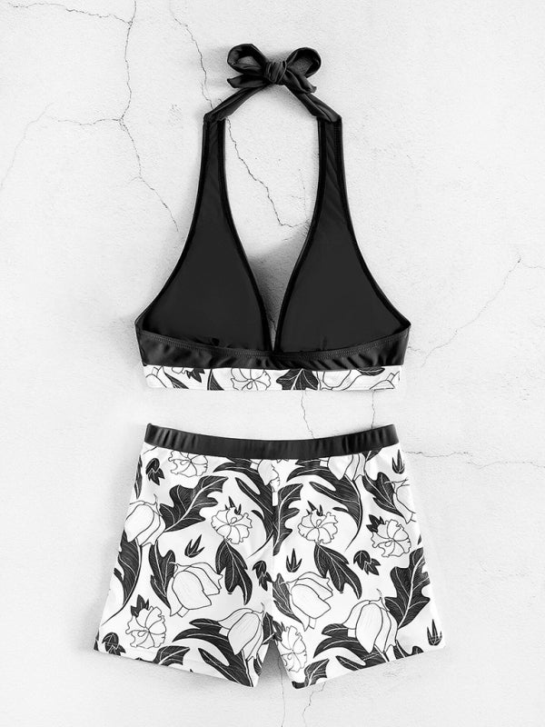 WW | Damen Hohe Taille Boxer Bindung Bedruckt Einfarbiges Panel Bikini