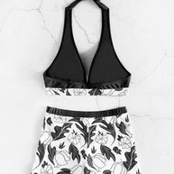 WW | Damen Hohe Taille Boxer Bindung Bedruckt Einfarbiges Panel Bikini