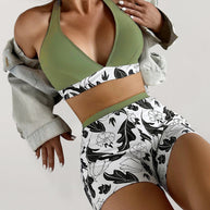 WW | Damen Hohe Taille Boxer Bindung Bedruckt Einfarbiges Panel Bikini