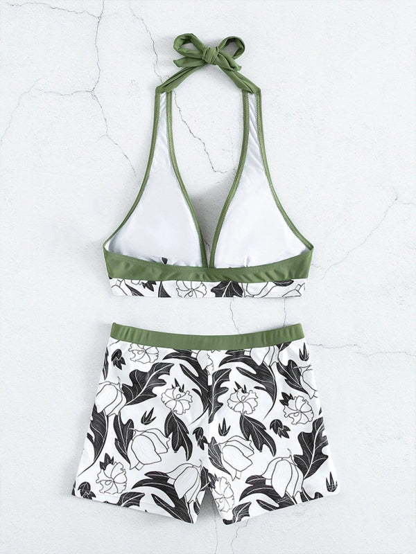 WW | Damen Hohe Taille Boxer Bindung Bedruckt Einfarbiges Panel Bikini