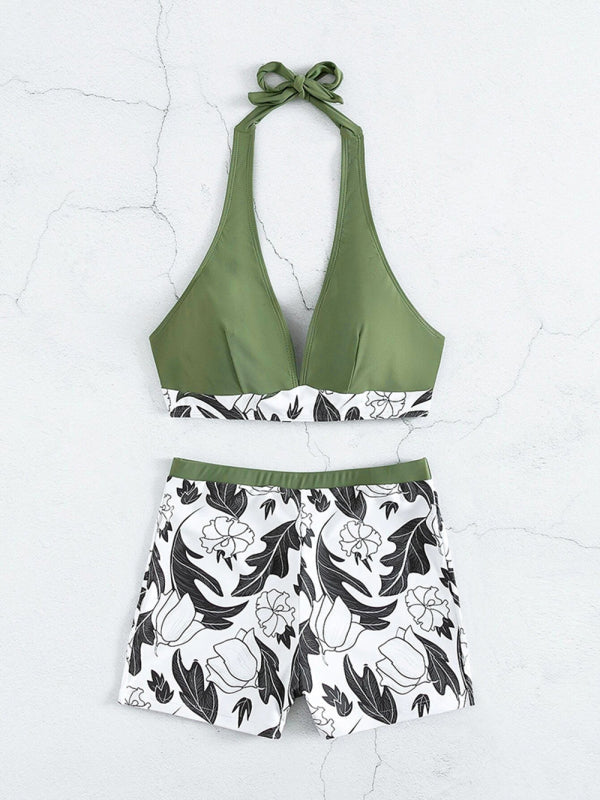 WW | Damen Hohe Taille Boxer Bindung Bedruckt Einfarbiges Panel Bikini