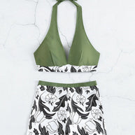 WW | Damen Hohe Taille Boxer Bindung Bedruckt Einfarbiges Panel Bikini
