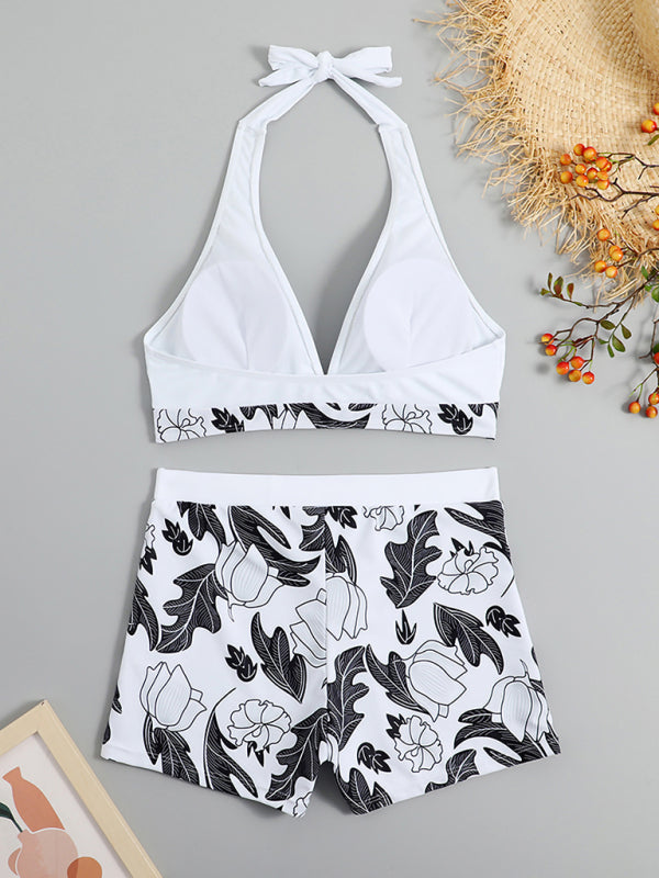 WW | Damen Hohe Taille Boxer Bindung Bedruckt Einfarbiges Panel Bikini