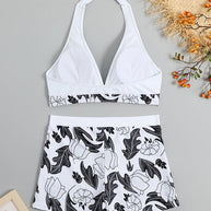 WW | Damen Hohe Taille Boxer Bindung Bedruckt Einfarbiges Panel Bikini