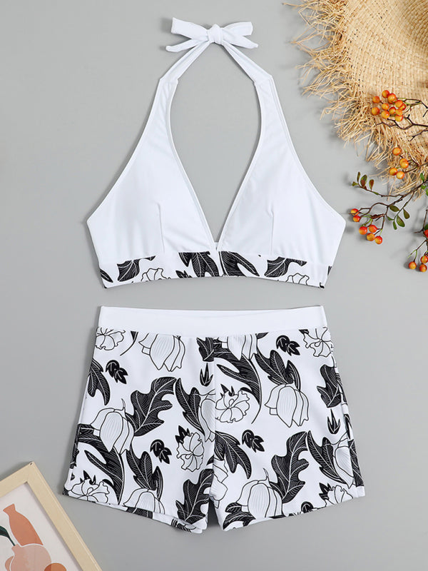 WW | Damen Hohe Taille Boxer Bindung Bedruckt Einfarbiges Panel Bikini