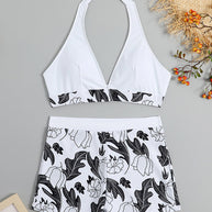 WW | Damen Hohe Taille Boxer Bindung Bedruckt Einfarbiges Panel Bikini
