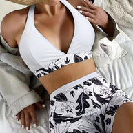WW | Damen Hohe Taille Boxer Bindung Bedruckt Einfarbiges Panel Bikini