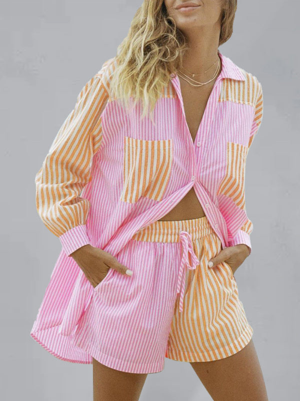 WW | Sommer Strand Sportbekleidung Shorts Set Gestreiftes Hemd Tops Shorts Set Zweiteiliges Set