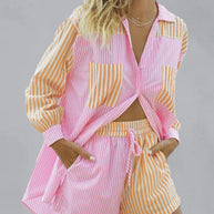 WW | Sommer Strand Sportbekleidung Shorts Set Gestreiftes Hemd Tops Shorts Set Zweiteiliges Set