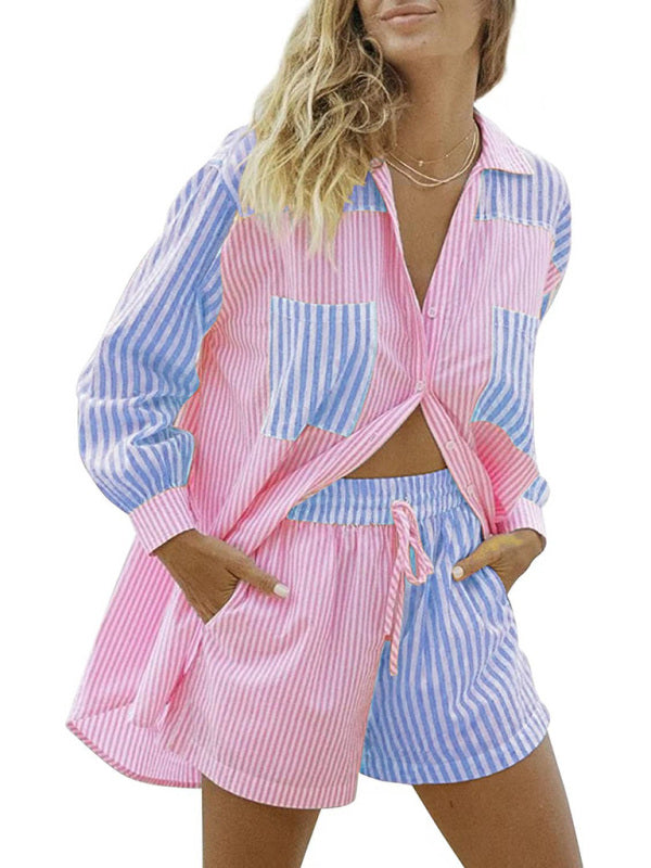 WW | Sommer Strand Sportbekleidung Shorts Set Gestreiftes Hemd Tops Shorts Set Zweiteiliges Set