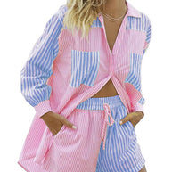 WW | Sommer Strand Sportbekleidung Shorts Set Gestreiftes Hemd Tops Shorts Set Zweiteiliges Set