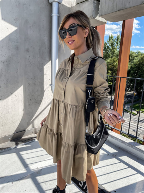 WW | Europäische und amerikanische Damen einfarbige lockere Temperament Hemdkleid