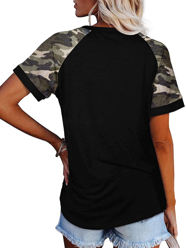 WW | Damen Freizeit Camouflage Bedrucktes Mosaik Rundhalsausschnitt Kurzarm T-Shirt