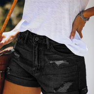 WW | Damen Stretch Mittelhohe Denim-Shorts mit Löchern