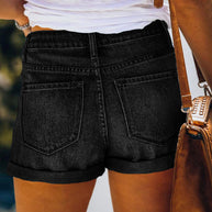 WW | Damen Stretch Mittelhohe Denim-Shorts mit Löchern