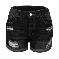 WW | Damen Stretch Mittelhohe Denim-Shorts mit Löchern