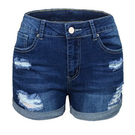 WW | Damen Stretch Mittelhohe Denim-Shorts mit Löchern