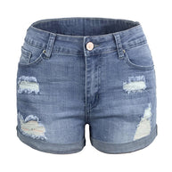 WW | Damen Stretch Mittelhohe Denim-Shorts mit Löchern