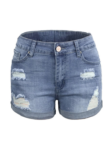 WW | Damen Stretch Mittelhohe Denim-Shorts mit Löchern