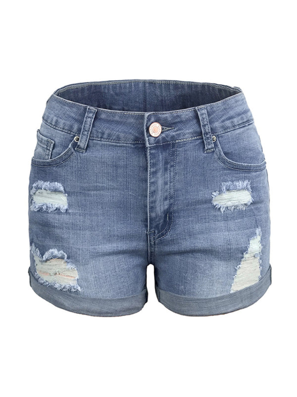 WW | Damen Stretch Mittelhohe Denim-Shorts mit Löchern