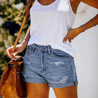 WW | Damen Stretch Mittelhohe Denim-Shorts mit Löchern