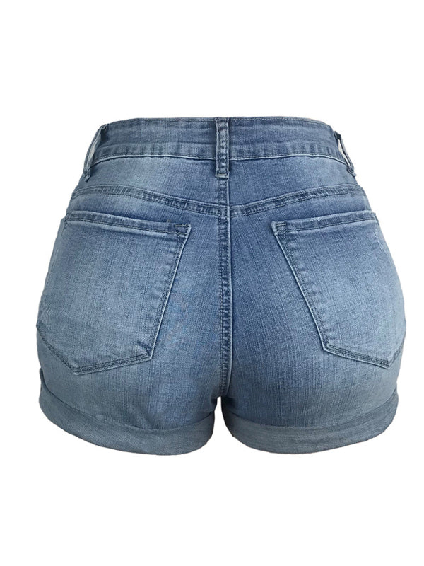 WW | Damen Stretch Mittelhohe Denim-Shorts mit Löchern