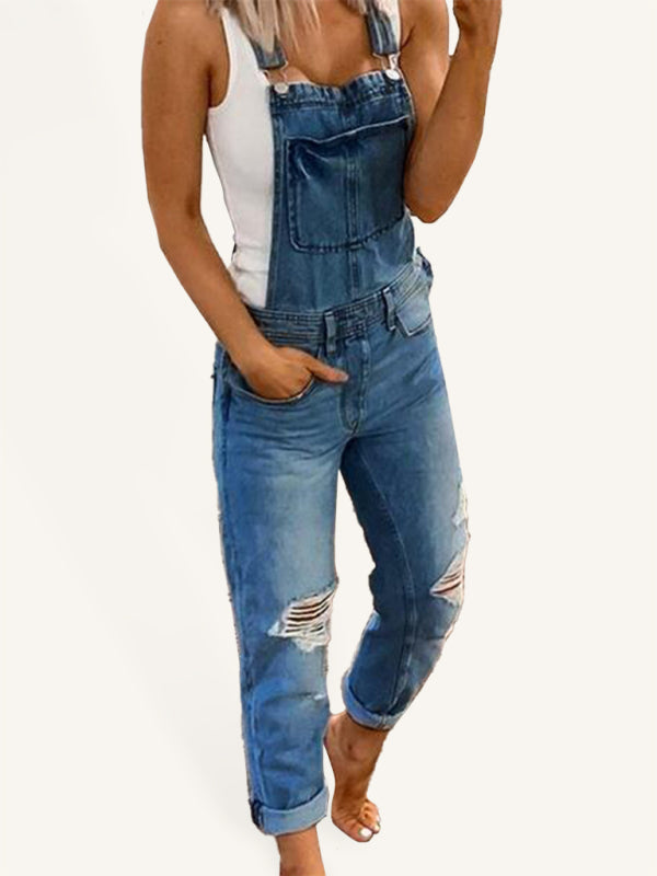 WW | Doppel Schulter Träger Zerrissener Denim Overall Damen Lässig