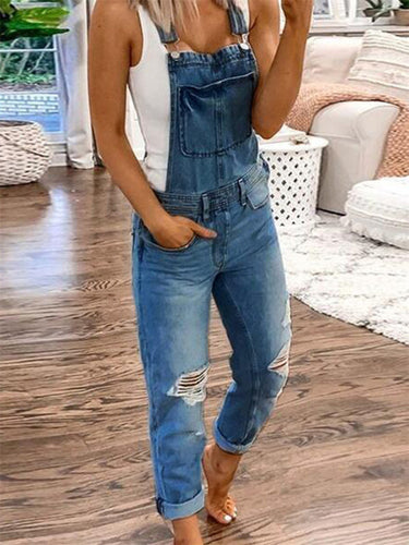 WW | Doppel Schulter Träger Zerrissener Denim Overall Damen Lässig