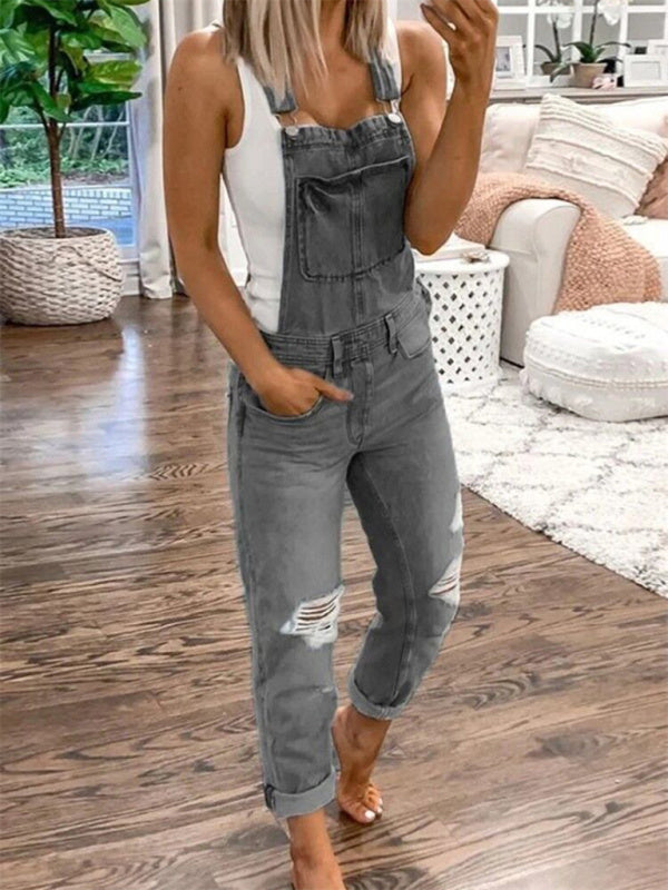 WW | Doppel Schulter Träger Zerrissener Denim Overall Damen Lässig