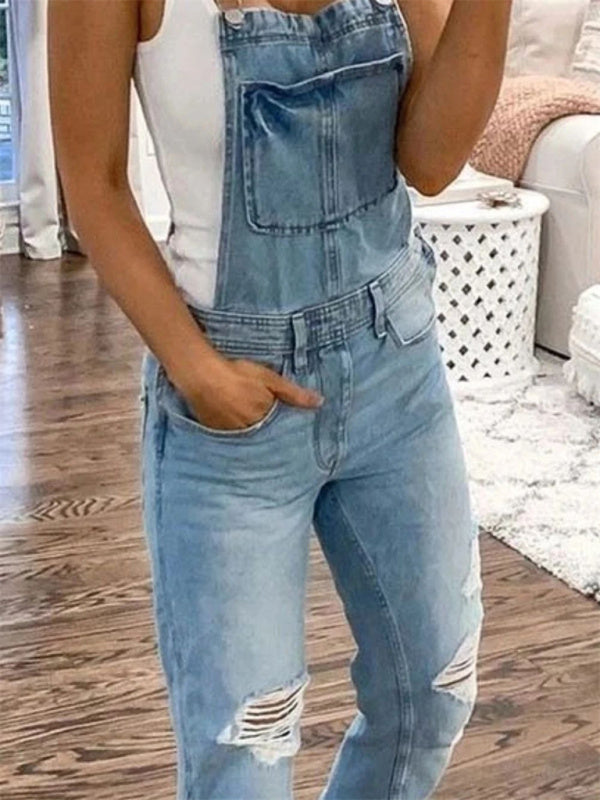 WW | Doppel Schulter Träger Zerrissener Denim Overall Damen Lässig