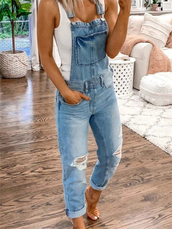 W&W Mode | Doppel Schulter Träger Zerrissener Denim Overall Damen Lässig