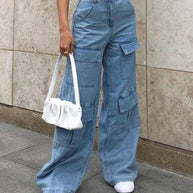 WW | Damen Denim Mehrfach Taschen Lockere Freizeit Cargo Hose