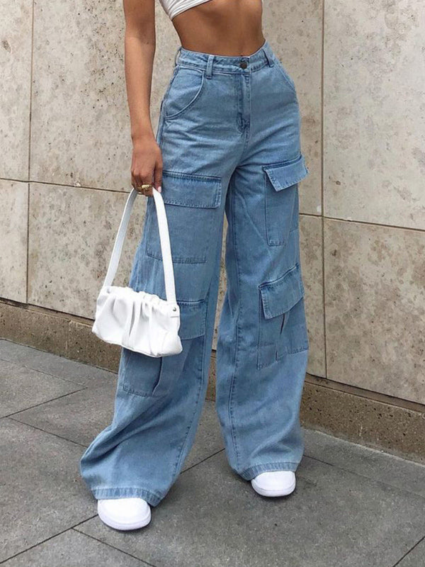 WW | Damen Denim Mehrfach Taschen Lockere Freizeit Cargo Hose