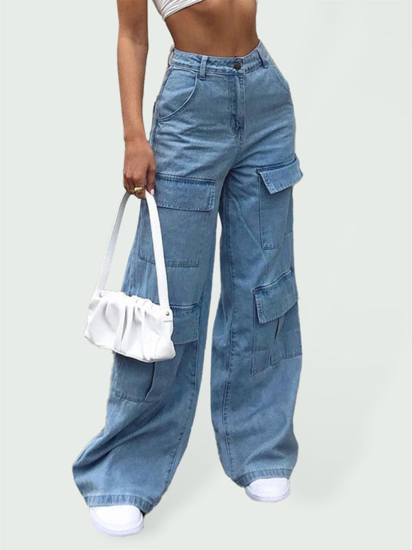 WW | Damen Denim Mehrfach Taschen Lockere Freizeit Cargo Hose