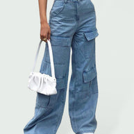 WW | Damen Denim Mehrfach Taschen Lockere Freizeit Cargo Hose