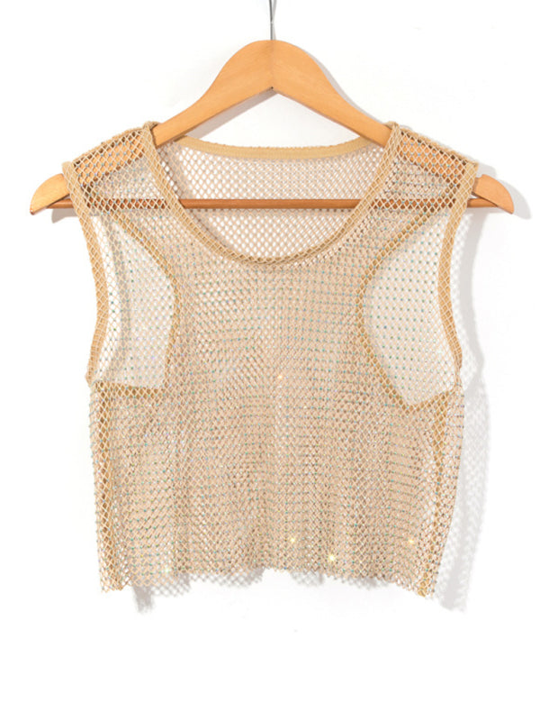 WW | Sexy Mesh Blitz Diamant Fischernetz Weste Nachtclub Perspektive heißes Mädchen T-Shirt Top