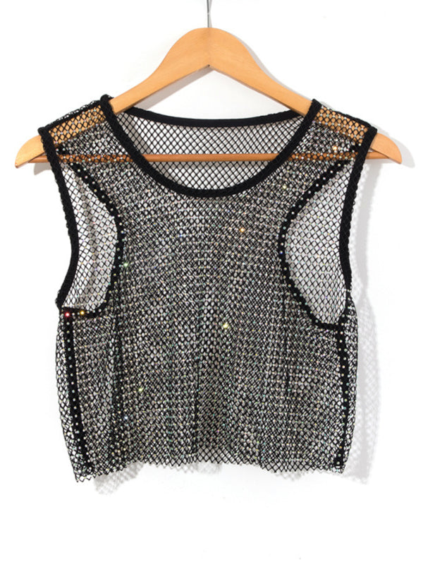 WW | Sexy Mesh Blitz Diamant Fischernetz Weste Nachtclub Perspektive heißes Mädchen T-Shirt Top