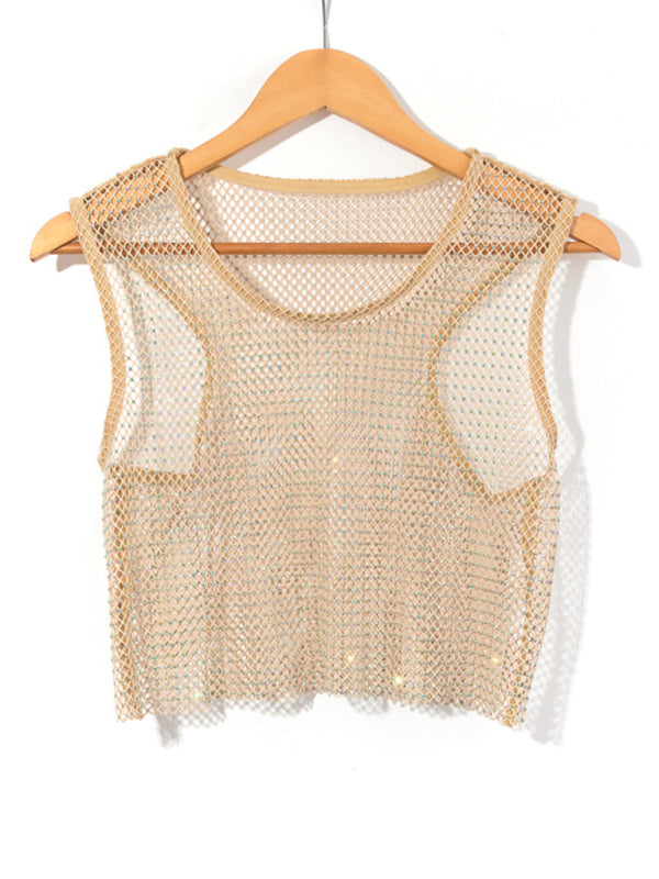 WW | Sexy Mesh Blitz Diamant Fischernetz Weste Nachtclub Perspektive heißes Mädchen T-Shirt Top