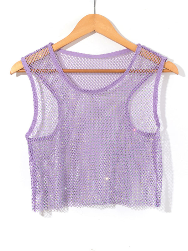WW | Sexy Mesh Blitz Diamant Fischernetz Weste Nachtclub Perspektive heißes Mädchen T-Shirt Top