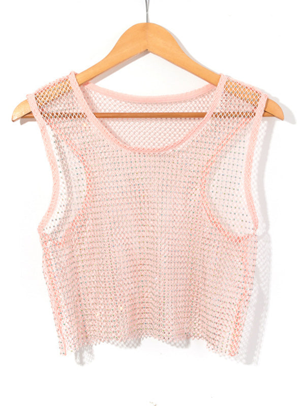 WW | Sexy Mesh Blitz Diamant Fischernetz Weste Nachtclub Perspektive heißes Mädchen T-Shirt Top